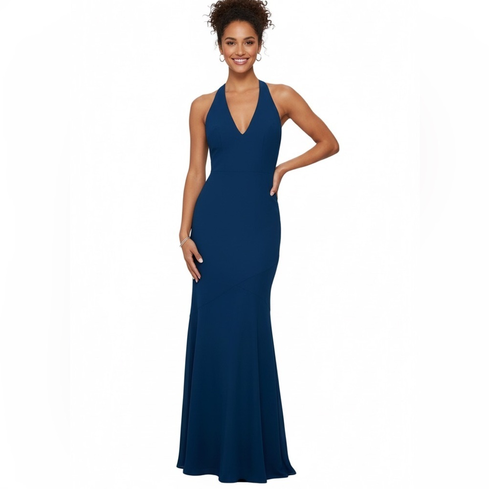 Elegant Navy Blue Luannie Scarf Halter Dress by Princess Polly size: 6